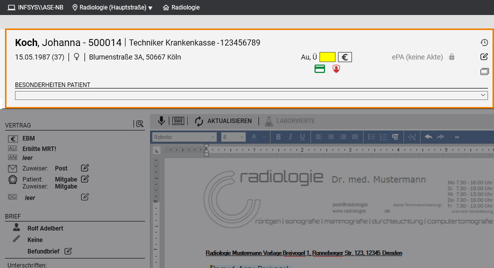 Patienten-Kopfzeile mit allen wichtigen Informationen und Zugriffen